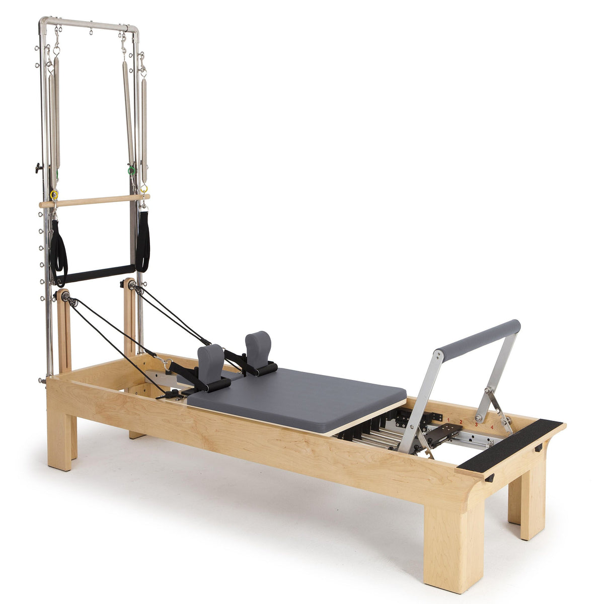 Elina Pilates Physio Wood Reformer with Tower in maple with grey upholstery and a steel tower frame