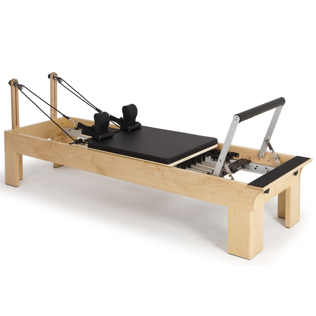 Elina Pilates Physio Wood Reformer Bundle with an 18.9 inch raised bed on a rock maple and stainless steel frame