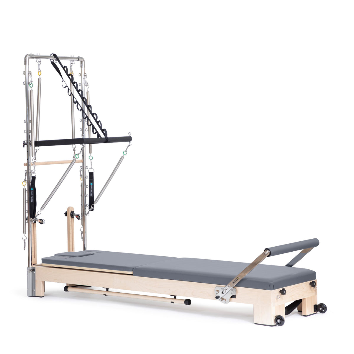 Elina Pilates Lignum Reformer with Tower in light maple with a stainless steel tower and push bar
