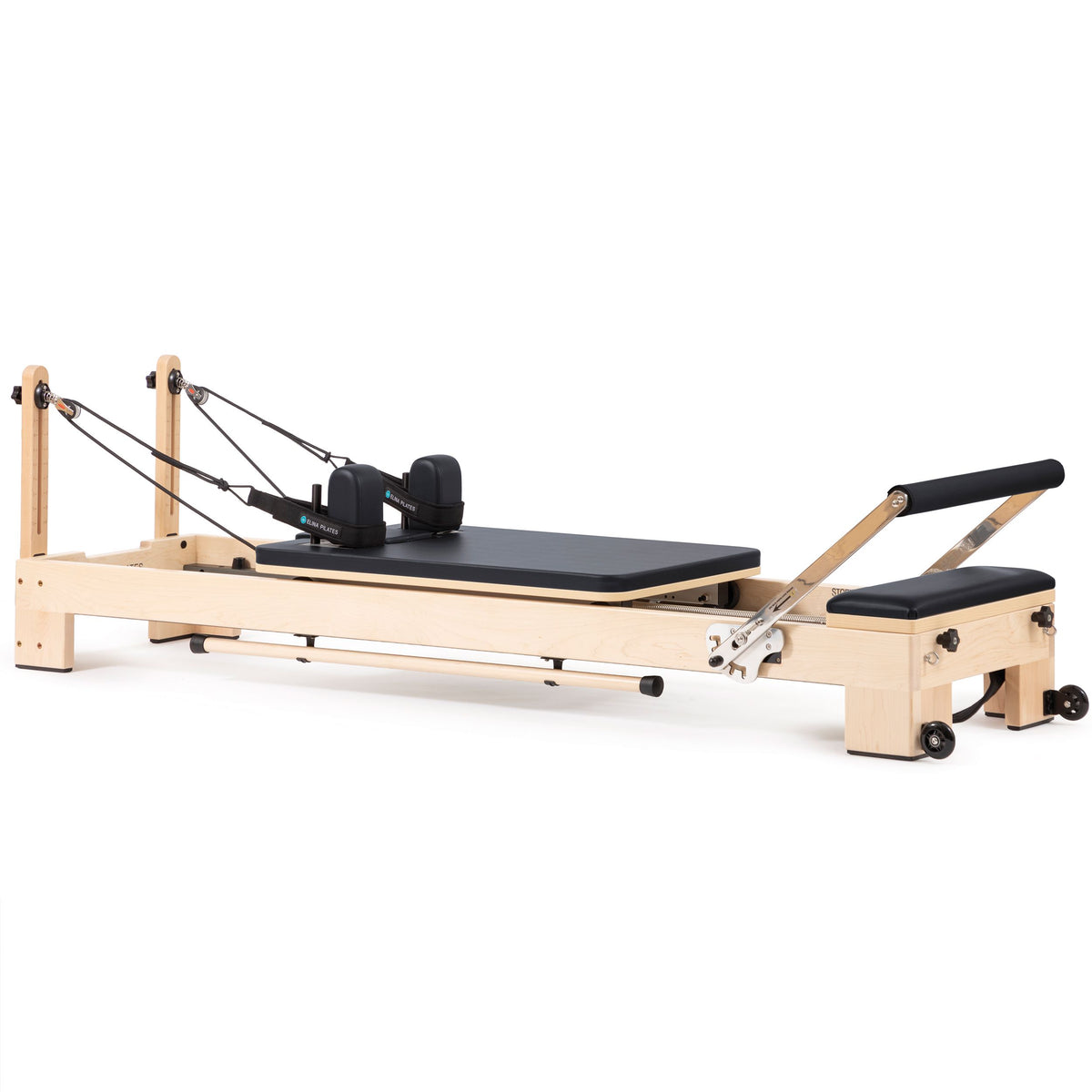 Elina Pilates Lignum Reformer Bundle with black upholstery on a light maple frame, angled studio view