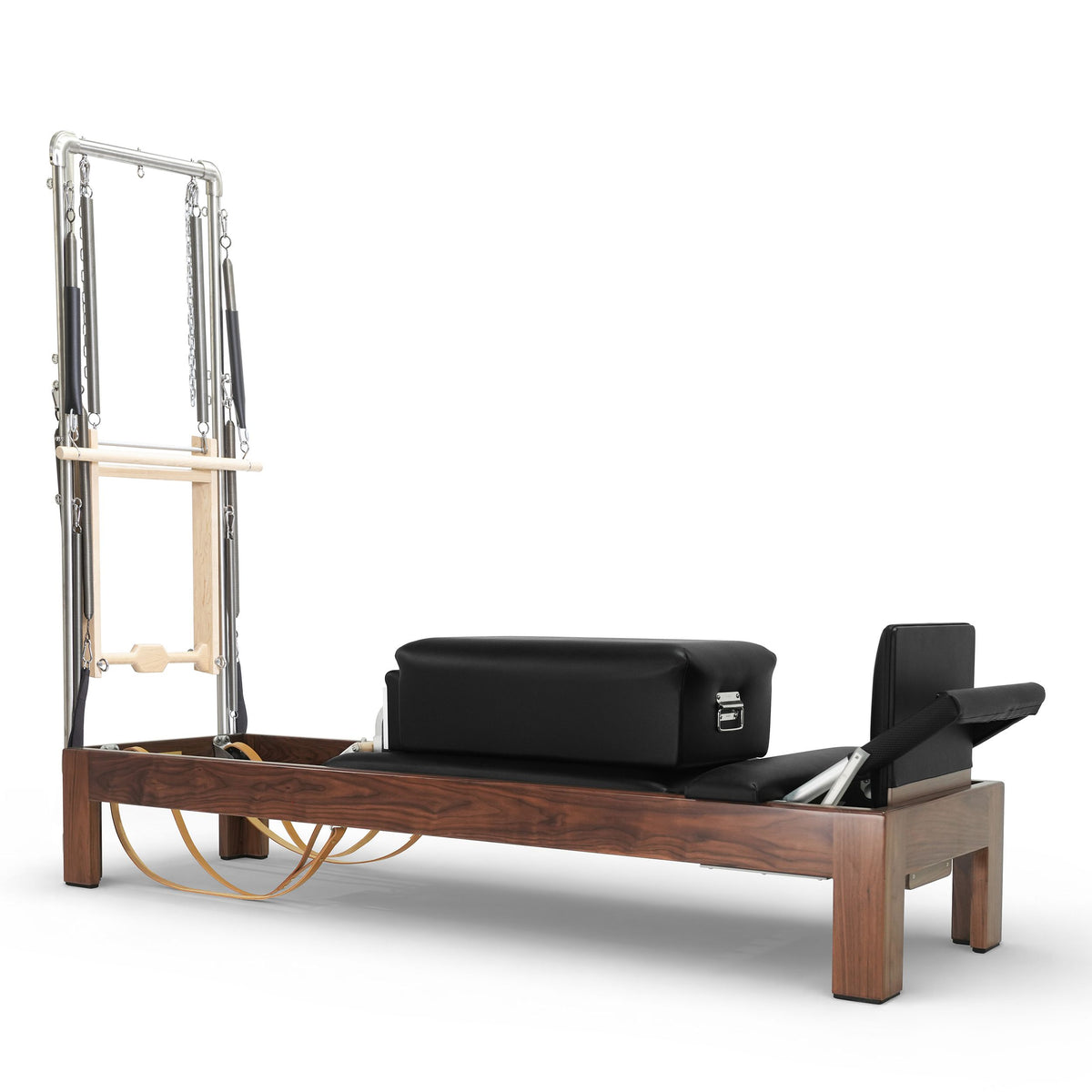Classic Dark Wood Reformer with Tower, walnut frame, black upholstery