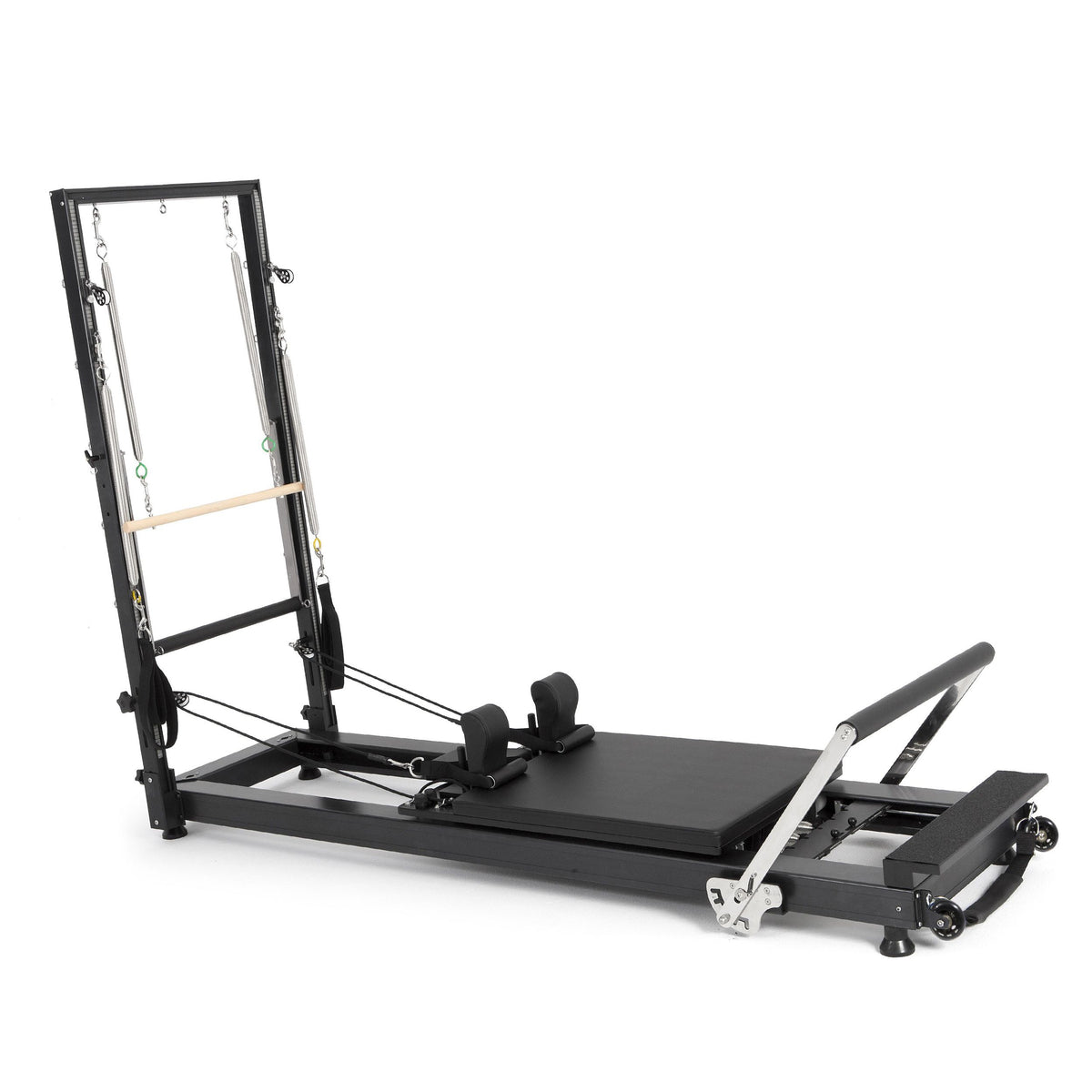 Elina Pilates HL 1 Aluminium Reformer with Tower, wooden push-through bar, angled studio view