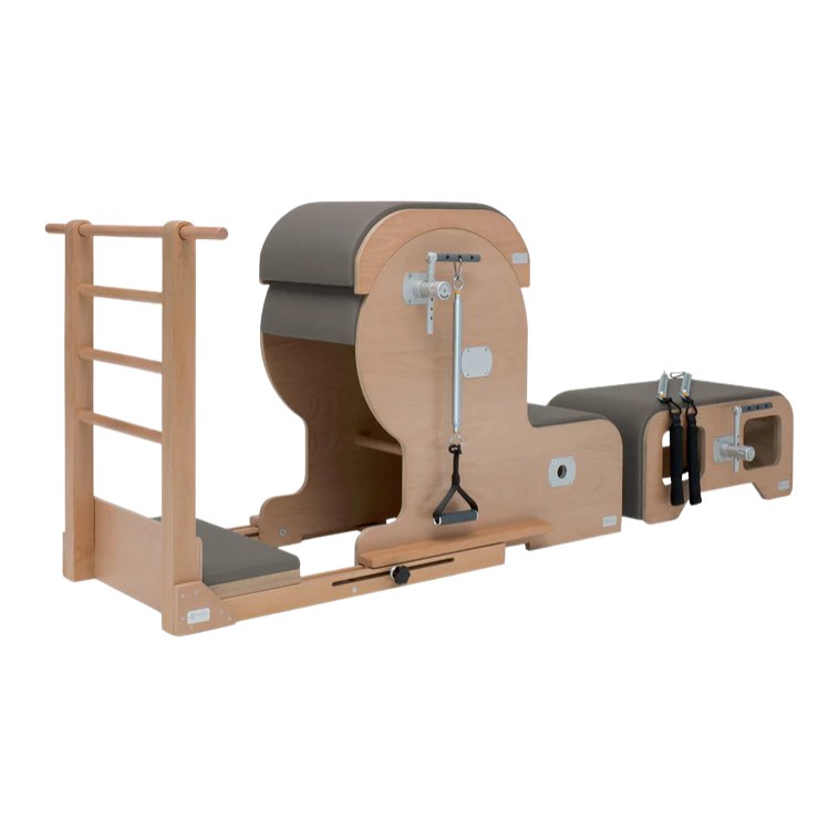 BASI Systems Arm Chair Barrel Set upholstered in Dark Cool Sand, the whole apparatus shown against a plain background