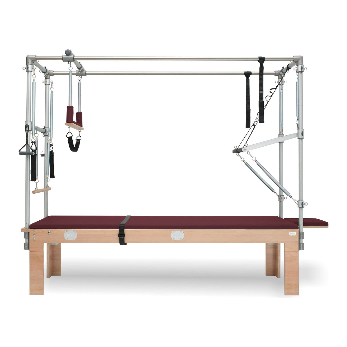BASI Systems Cadillac Trapeze Table upholstered in Burgundy, the whole apparatus shown against a plain background
