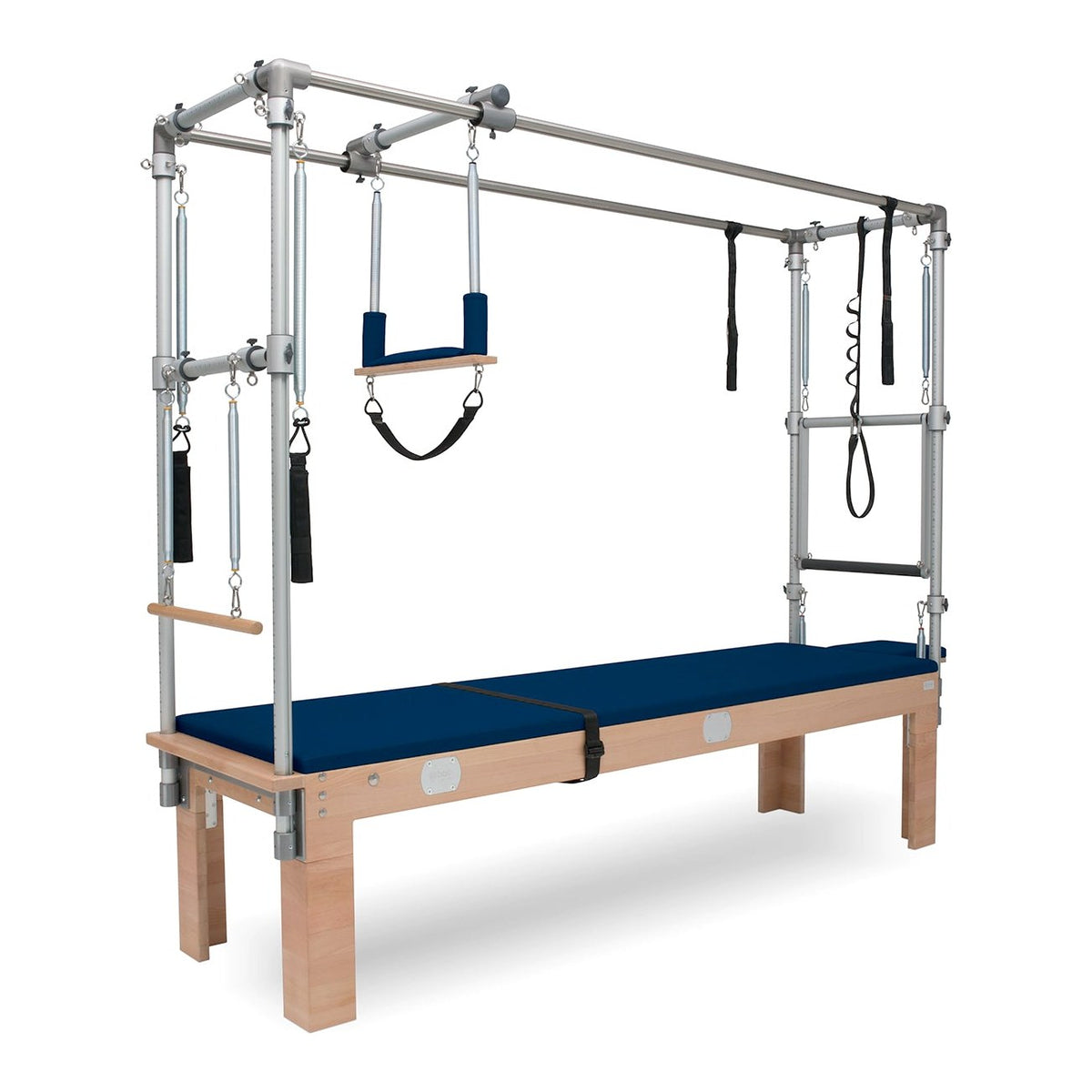 BASI Systems Cadillac Trapeze Table upholstered in Dark Navy, the whole apparatus shown against a plain background