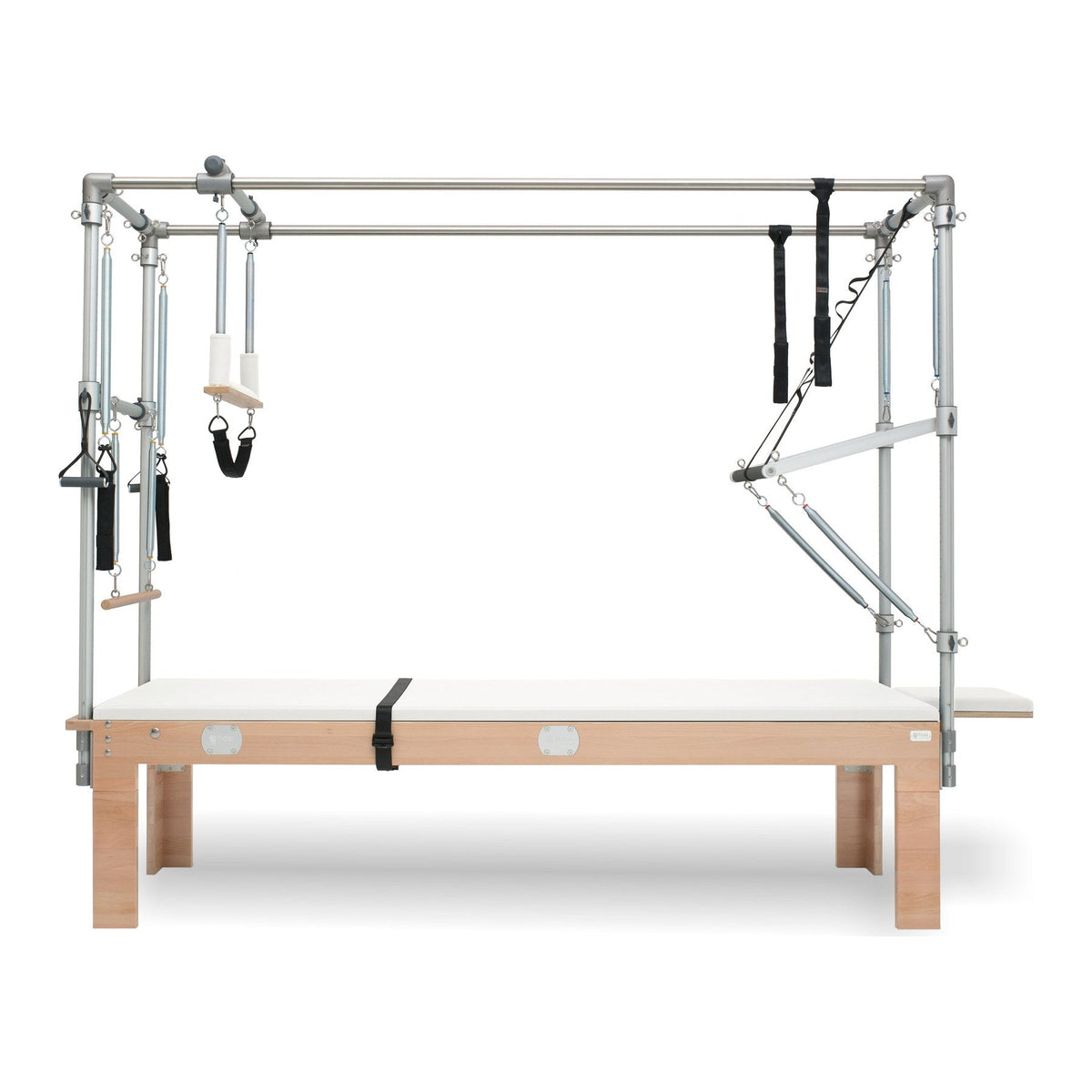 BASI Systems Cadillac Trapeze Table upholstered in Pristine White, the whole apparatus shown against a plain background, second view
