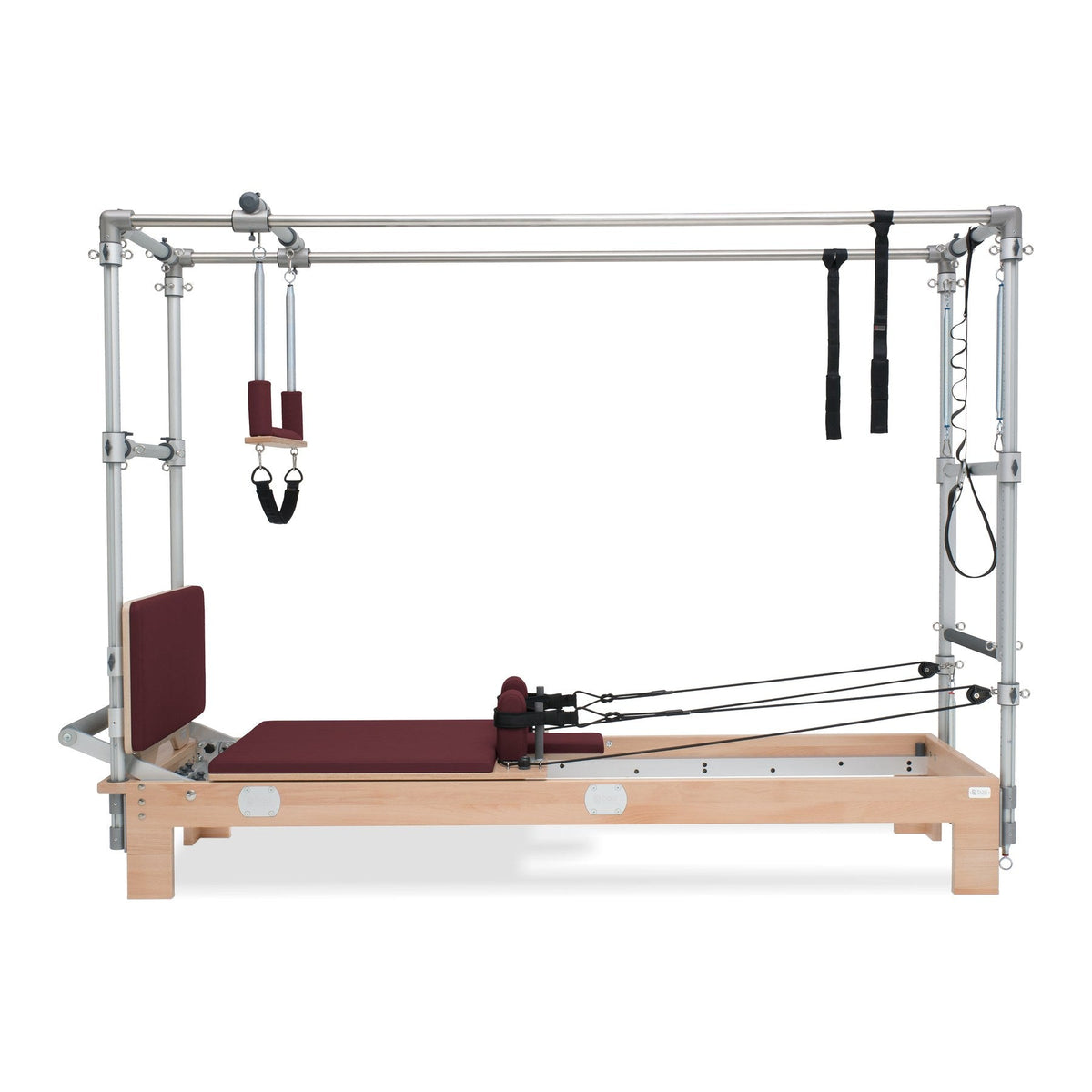 BASI Systems Reformer Combo upholstered in Burgundy, the whole apparatus shown against a plain background, second view