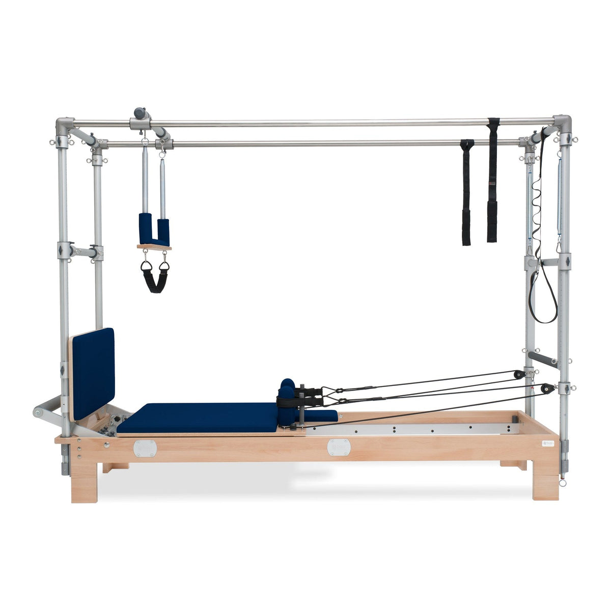 BASI Systems Reformer Combo upholstered in Dark Navy, the whole apparatus shown against a plain background, second view