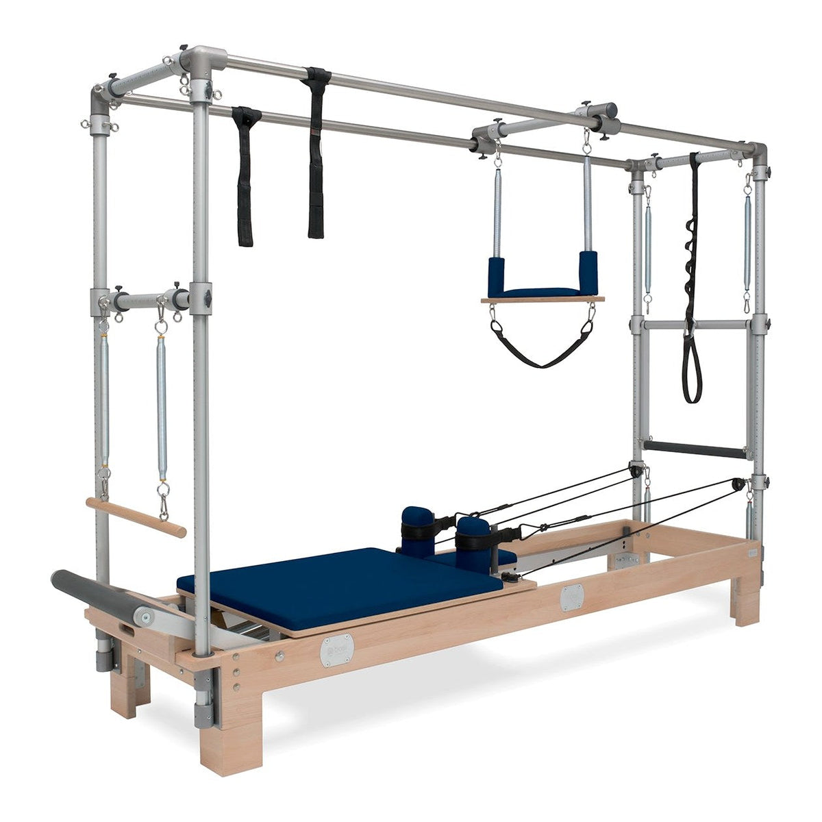 BASI Systems Reformer Combo upholstered in Dark Navy, the whole apparatus shown against a plain background
