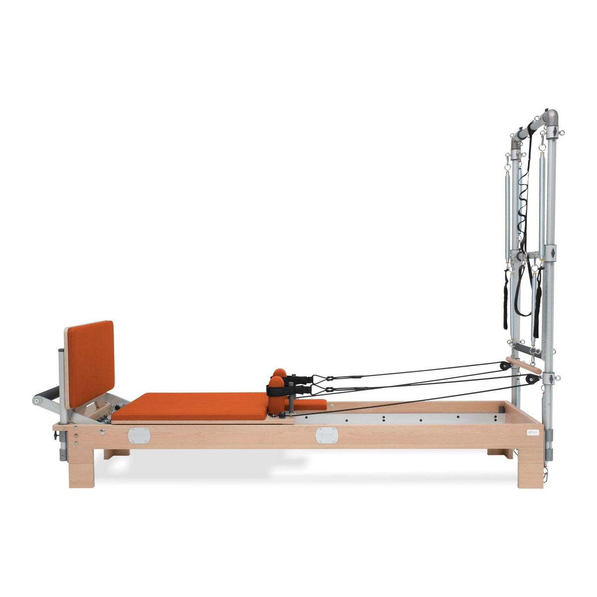 BASI Systems Reformer with Tower upholstered in Campfire Orange, the whole apparatus shown against a plain background, third view