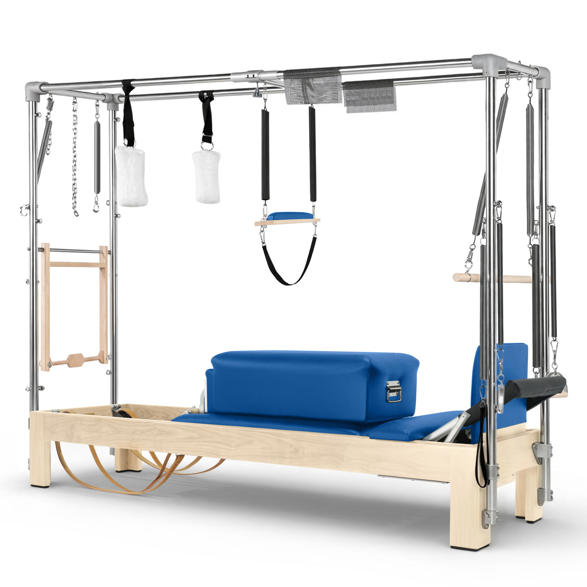 Elina Pilates Natural Wood Cadillac Reformer in blue made-to-order upholstery