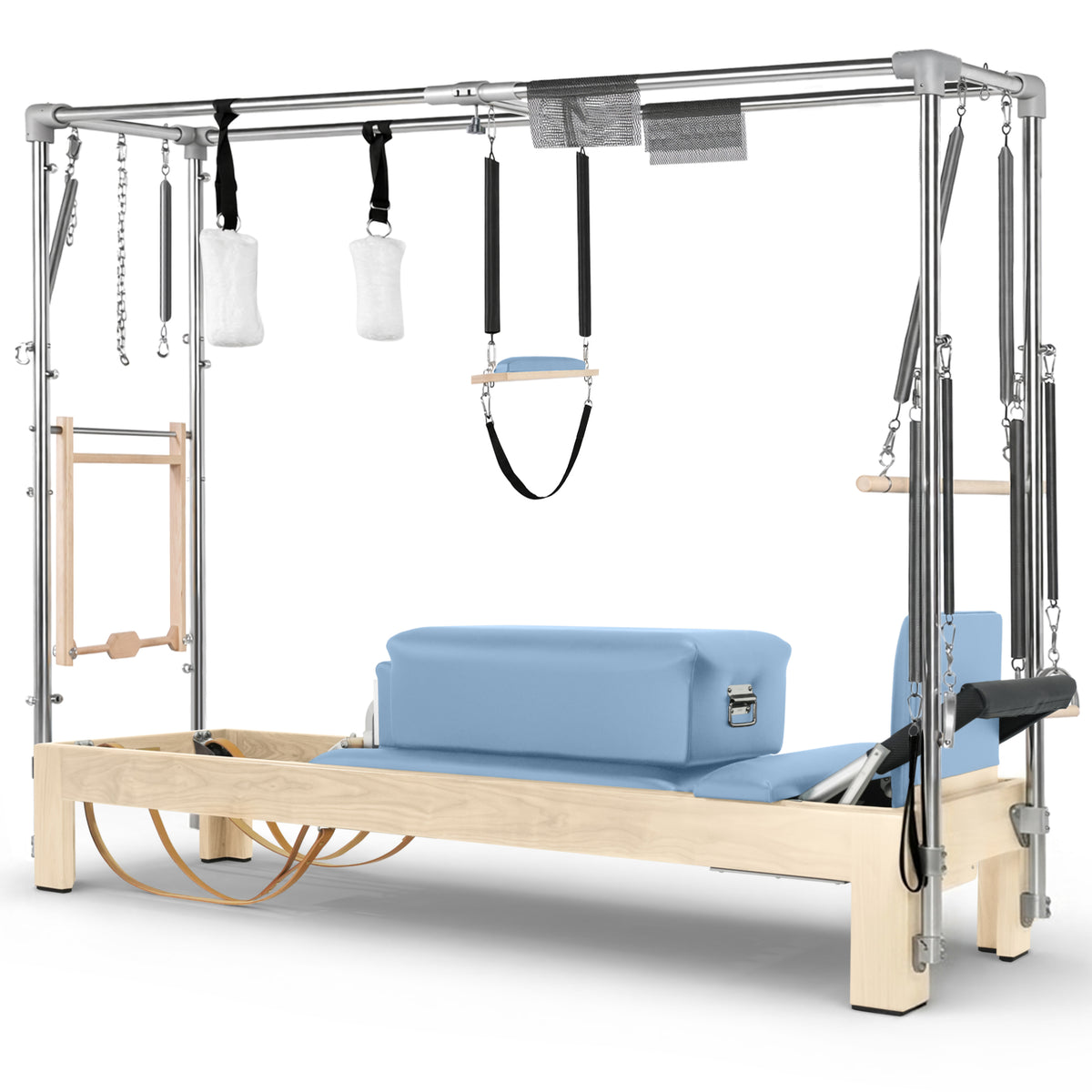Elina Pilates Natural Wood Cadillac Reformer in light blue made-to-order upholstery