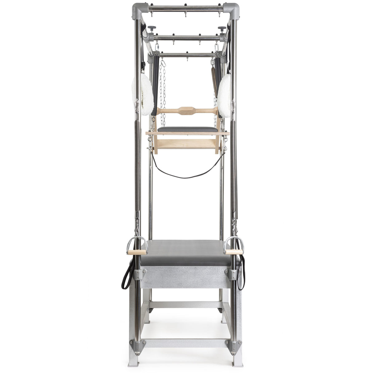 Elina Pilates Classic Aluminium Cadillac in grey, end-on view down the length of the bed