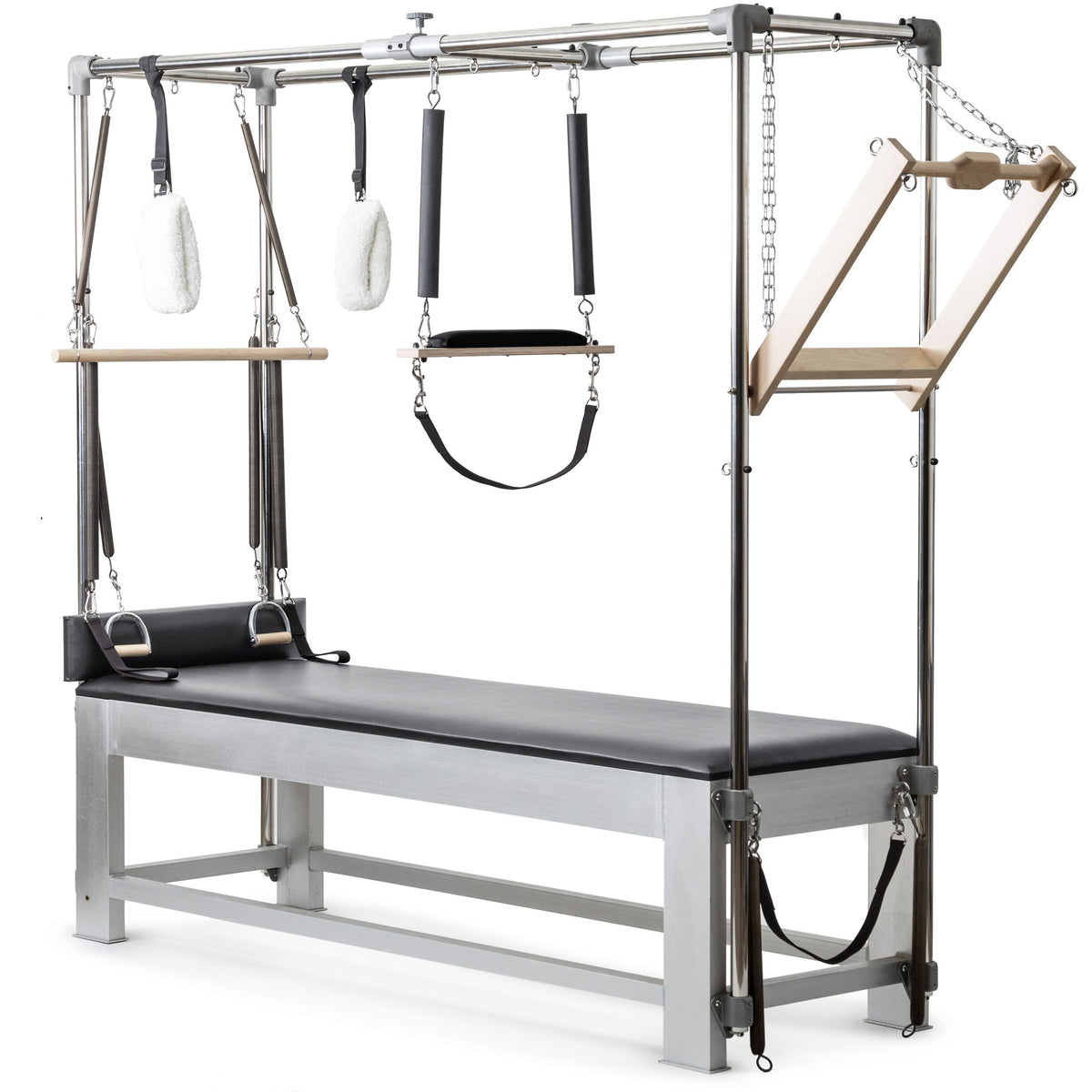 Elina Pilates Classic Aluminium Cadillac in black, 3/4 studio view with all hanging accessories