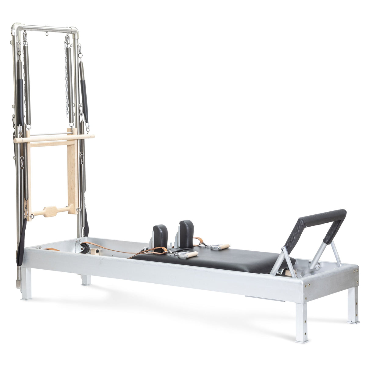 Elina Pilates Classic Aluminium Reformer 86" with Tower in black, leather straps and handles on the bed