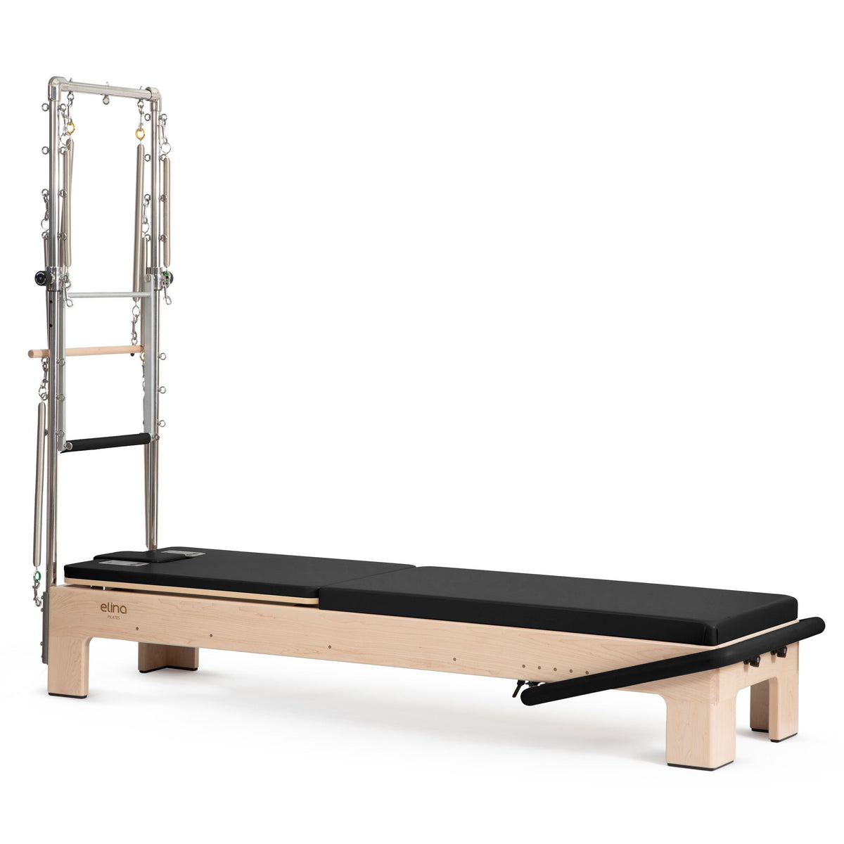 Elite Advanced Reformer with Tower in black, ropes and shoulder rests visible
