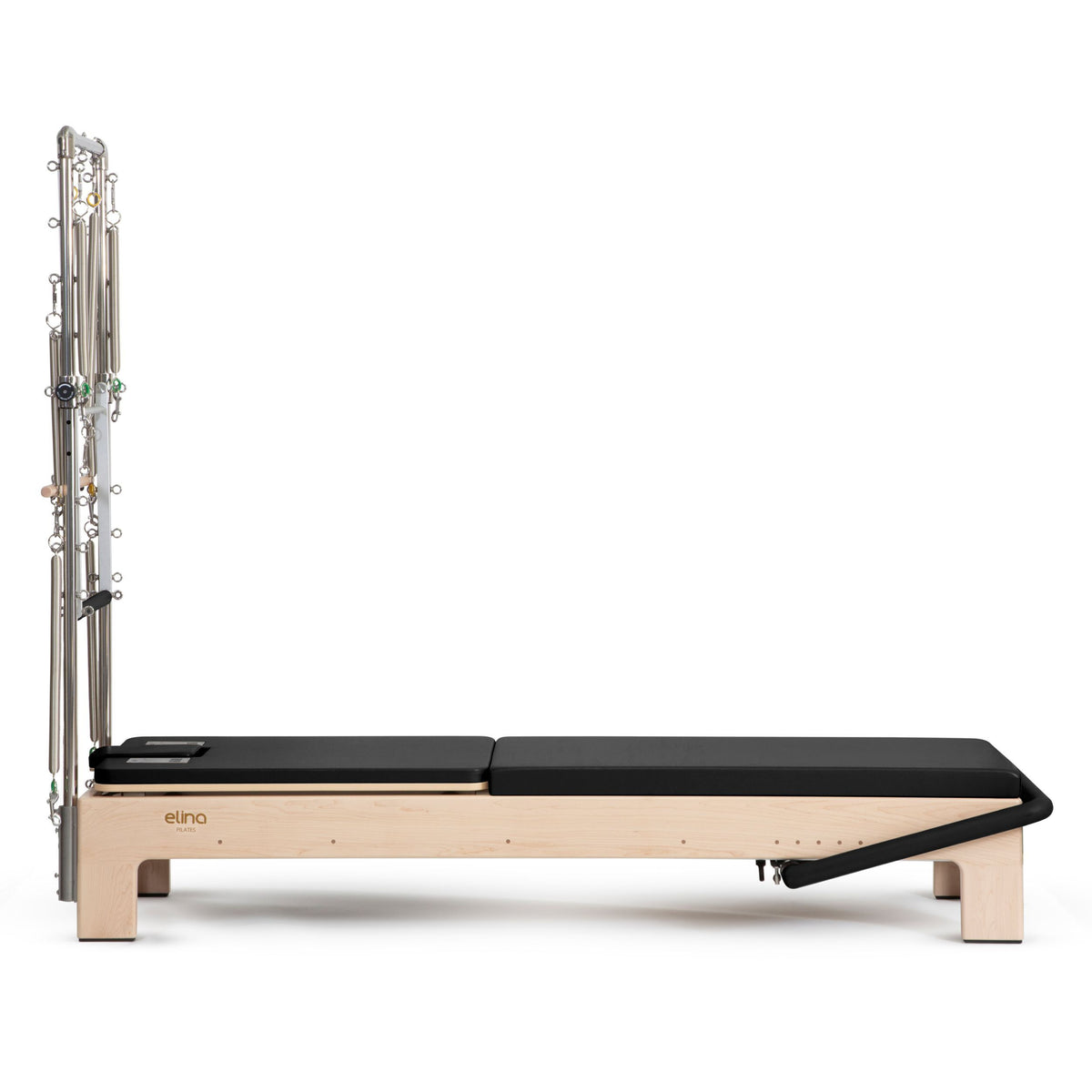 Elite Advanced Reformer with Tower side view, black upholstery