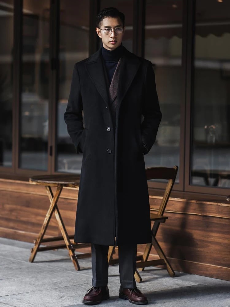 Front view of the Ashford black overcoat, buttoned