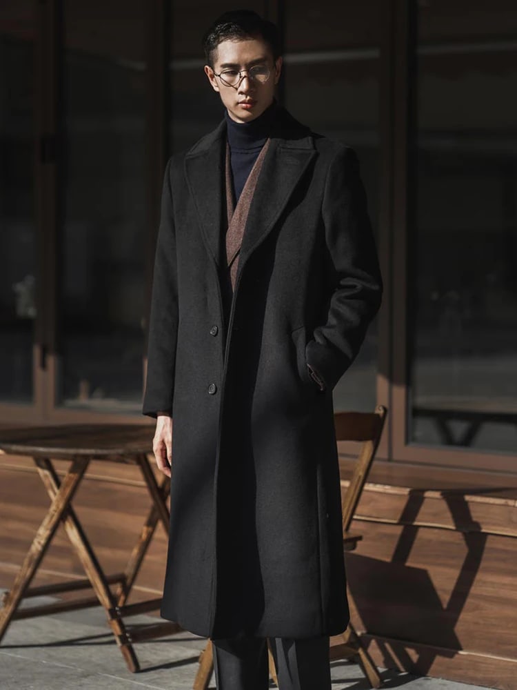 Ashford overcoat worn open with hands in the pockets
