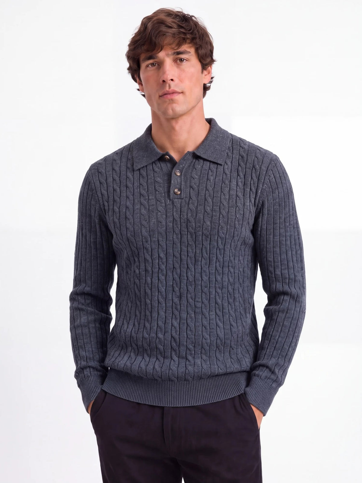 Calder cable-knit polo sweater in charcoal