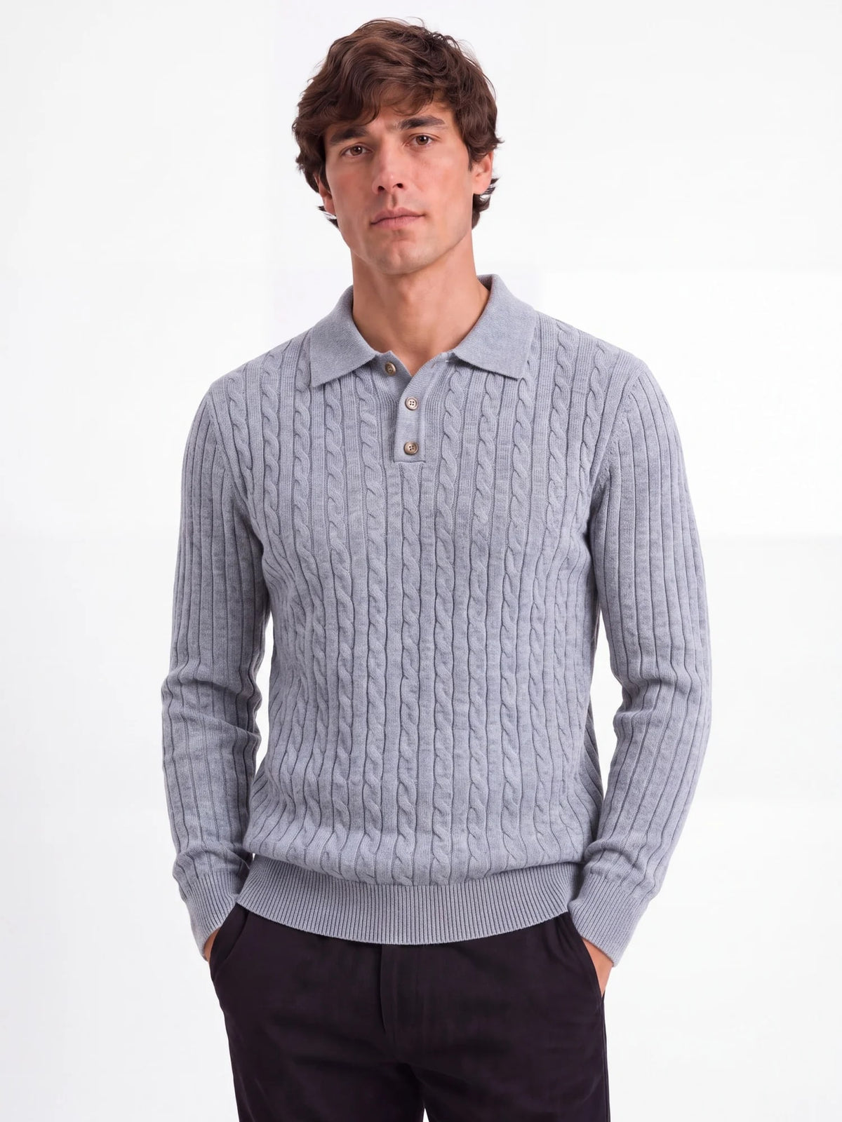 Calder cable-knit polo sweater in light gray