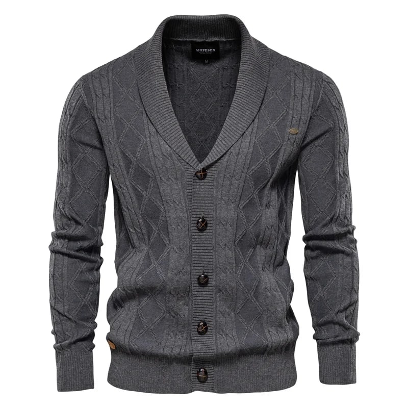 Man wearing the Ellis shawl-collar cardigan in charcoal
