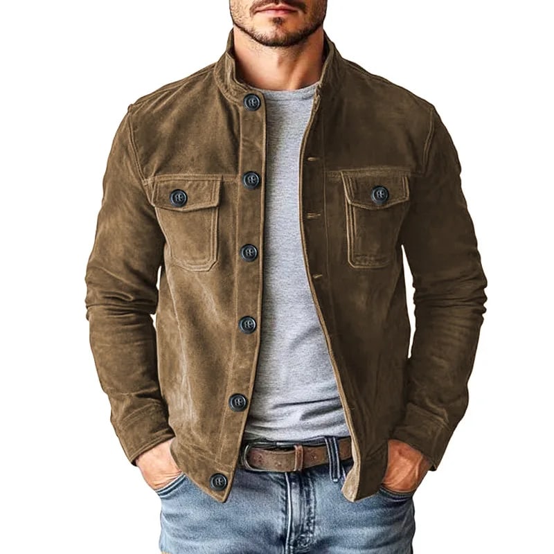 Man wearing the Marlow faux suede jacket in tan over a grey T-shirt