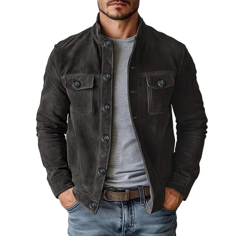Marlow faux suede jacket in black with a stand collar