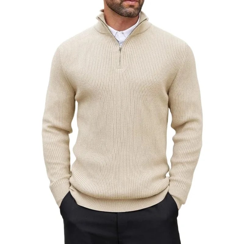 Rowan quarter-zip sweater in oatmeal over a white T-shirt