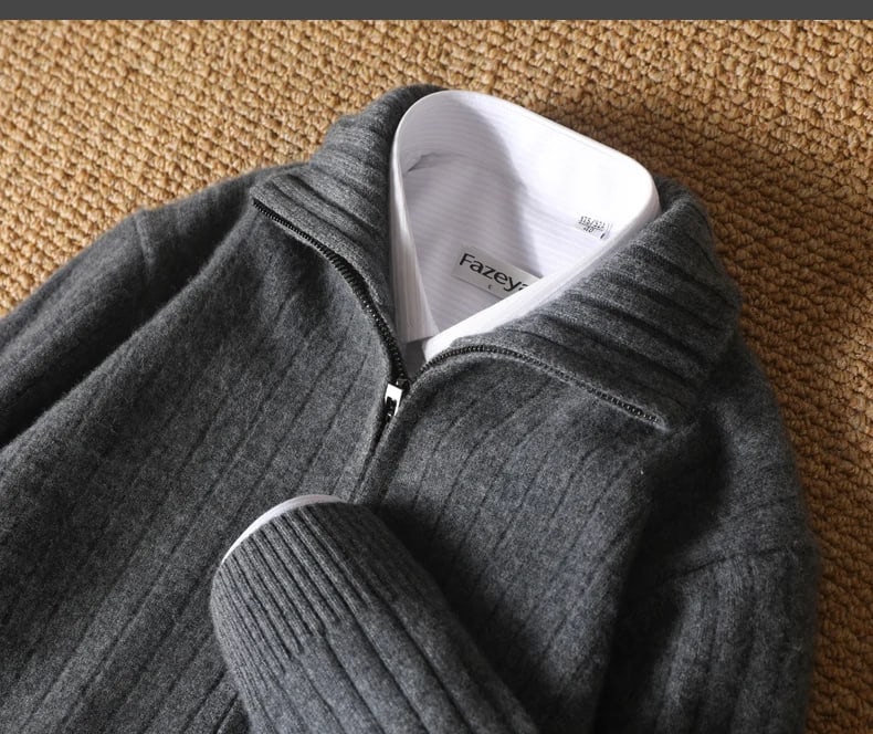 Collar of the Sutton cardigan in charcoal worn over a shirt