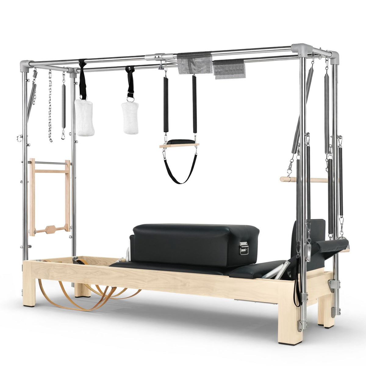 Elina Pilates Natural Wood Cadillac Reformer in black, 3/4 studio view