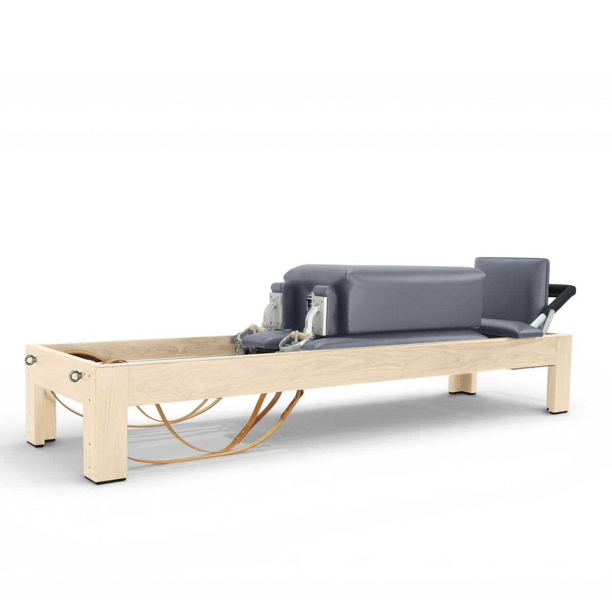 Elina Pilates Classic Natural Wood Reformer in grey with sitting box, leather straps, angled studio view