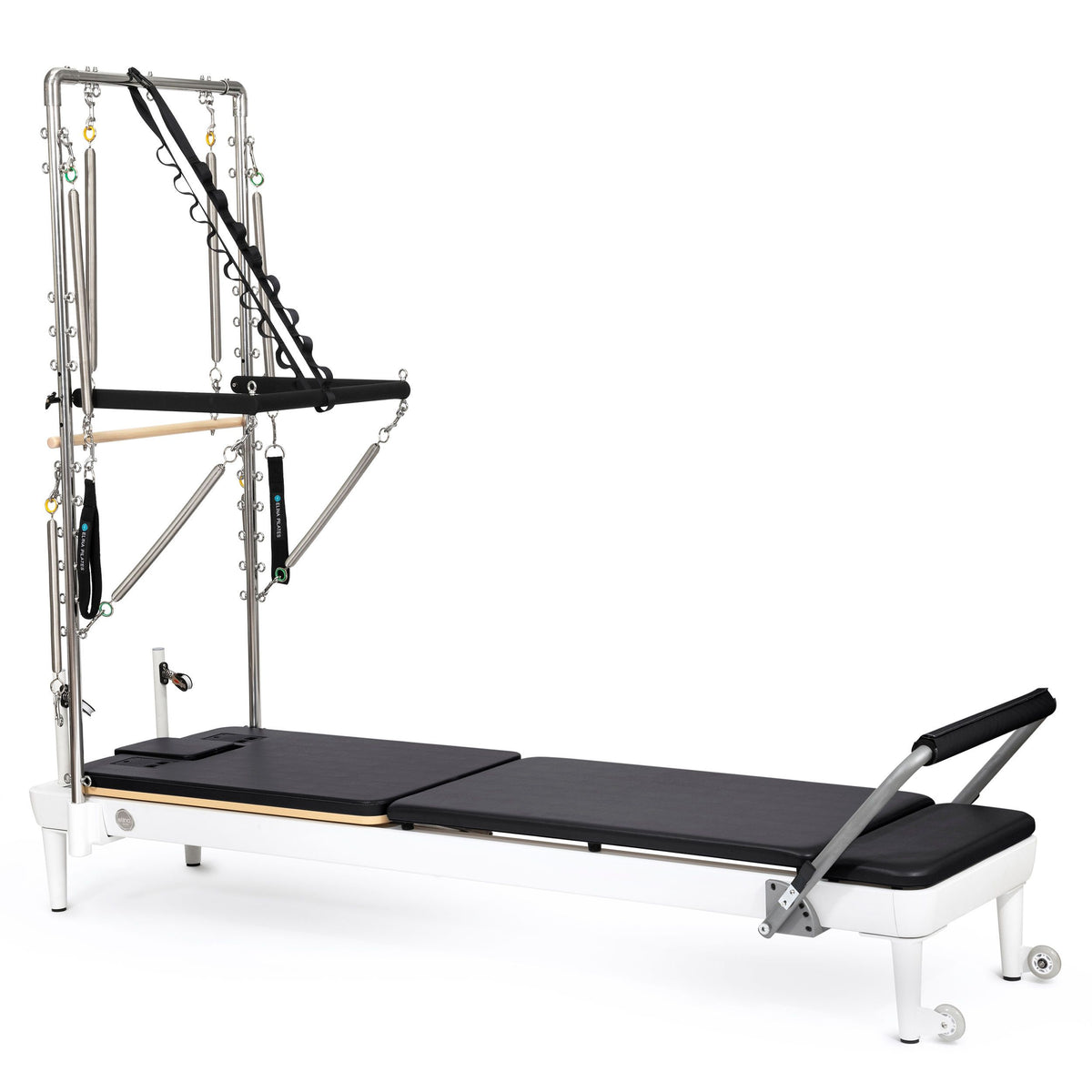Elina Pilates Nubium Reformer with Tower, white frame with black upholstery, angled studio view