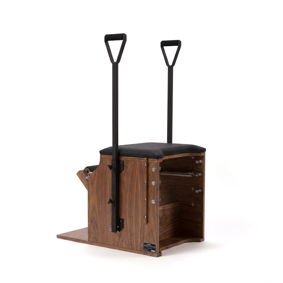Peak Pilates Artistry Split Pedal Low Chair with Handles & Brackets in walnut, studio view