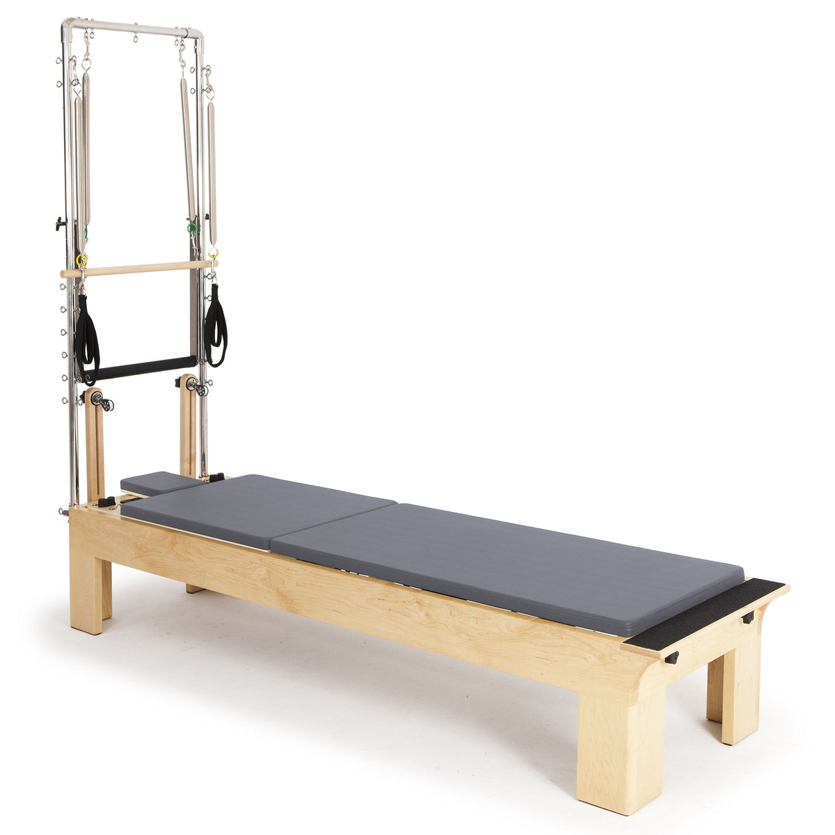 Elina Pilates Physio Wood Reformer with Tower, grey, side view with mat laid flat