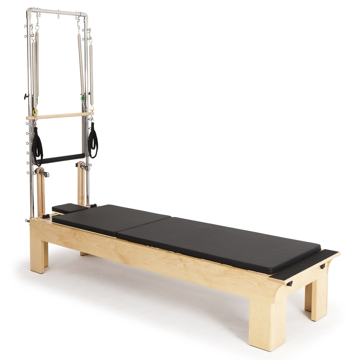 Elina Pilates Physio Wood Reformer with Tower, black, side view with mat laid flat
