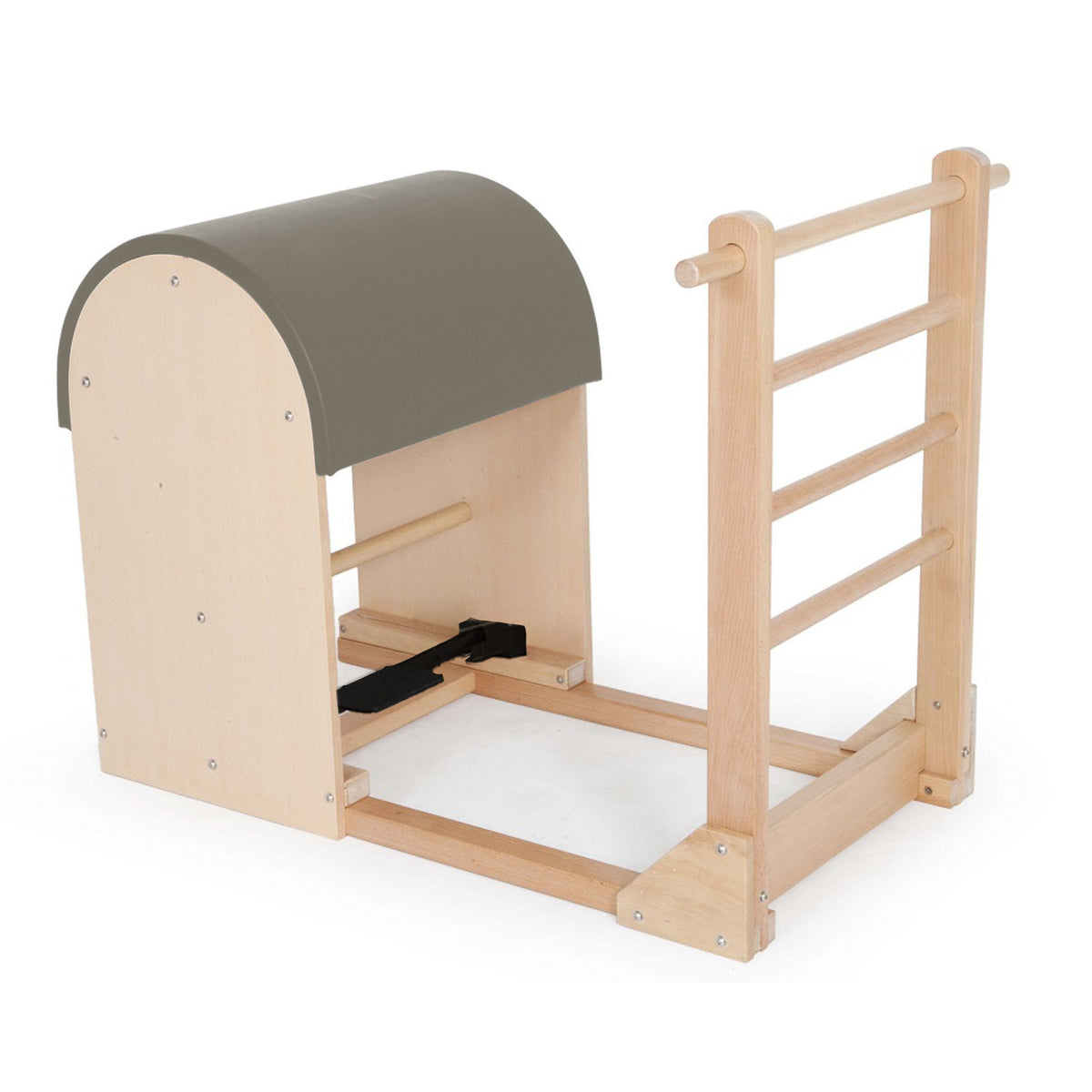 Elina Pilates Ladder Barrel with wooden base in olive grey made-to-order upholstery