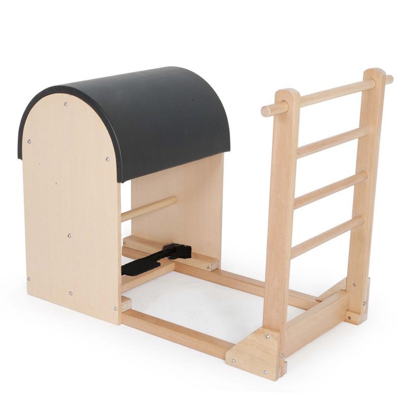 Elina Pilates Ladder Barrel with wooden base in black, 3/4 view
