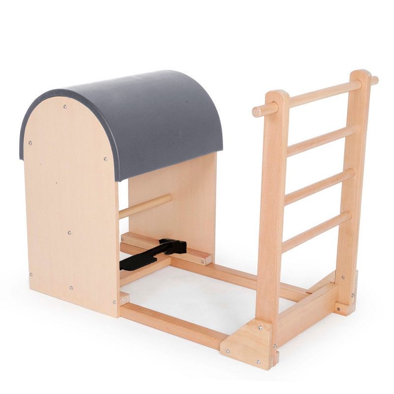 Elina Pilates Ladder Barrel with wooden base in grey, 3/4 view with four-rung beech ladder