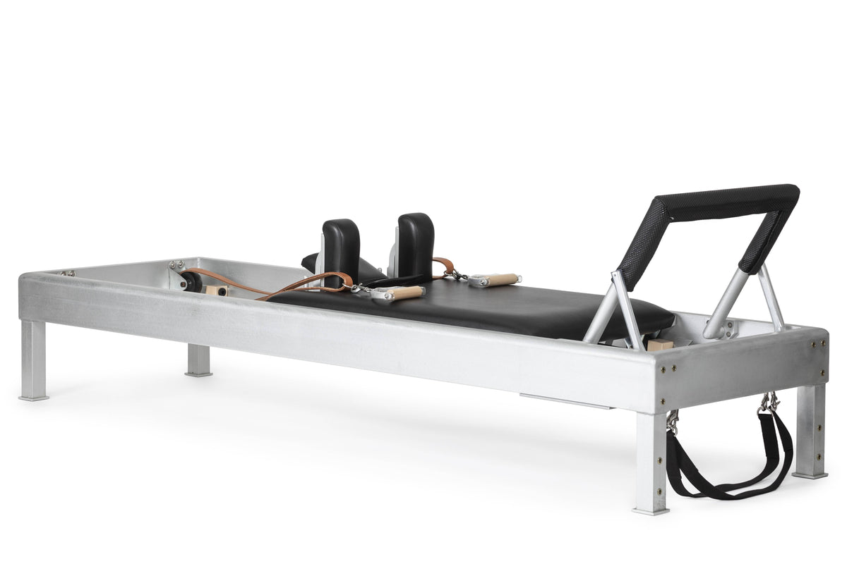 Classic Aluminium Reformer 86" in black with leather straps and wooden handles