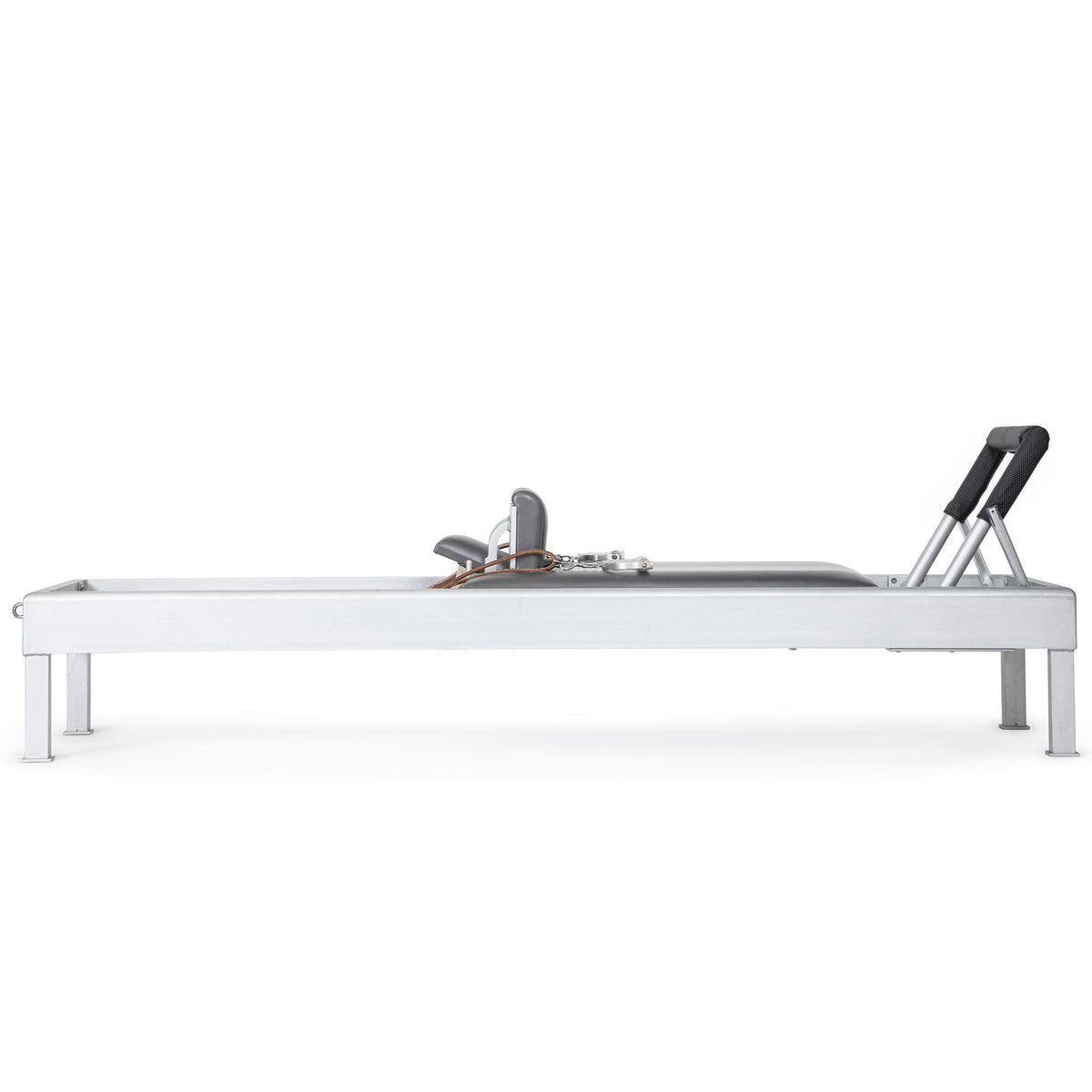 Classic Aluminium Reformer 86" side view of the bare aluminium frame, footbar raised
