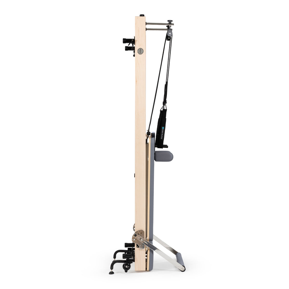 Vertical Reformer stored upright, grey upholstery