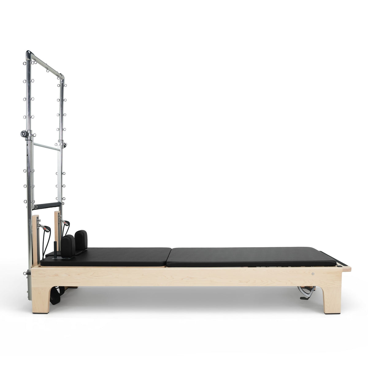 Club Reformer with Tower side view, mat conversion, black