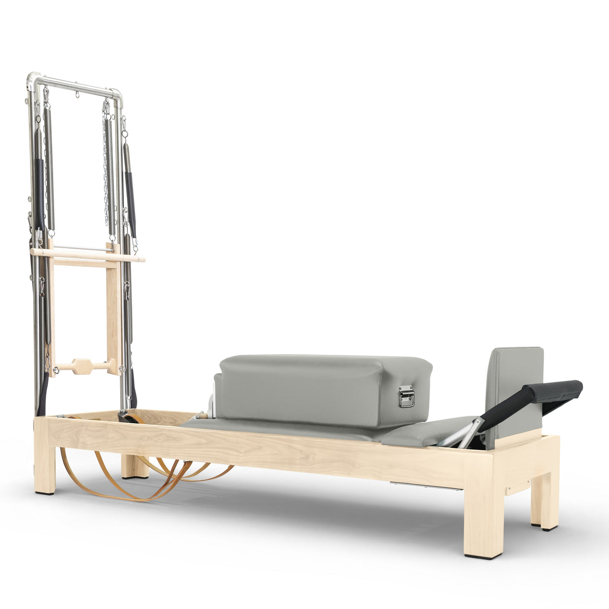 Classic Natural Wood Reformer with Tower in iceberg grey upholstery
