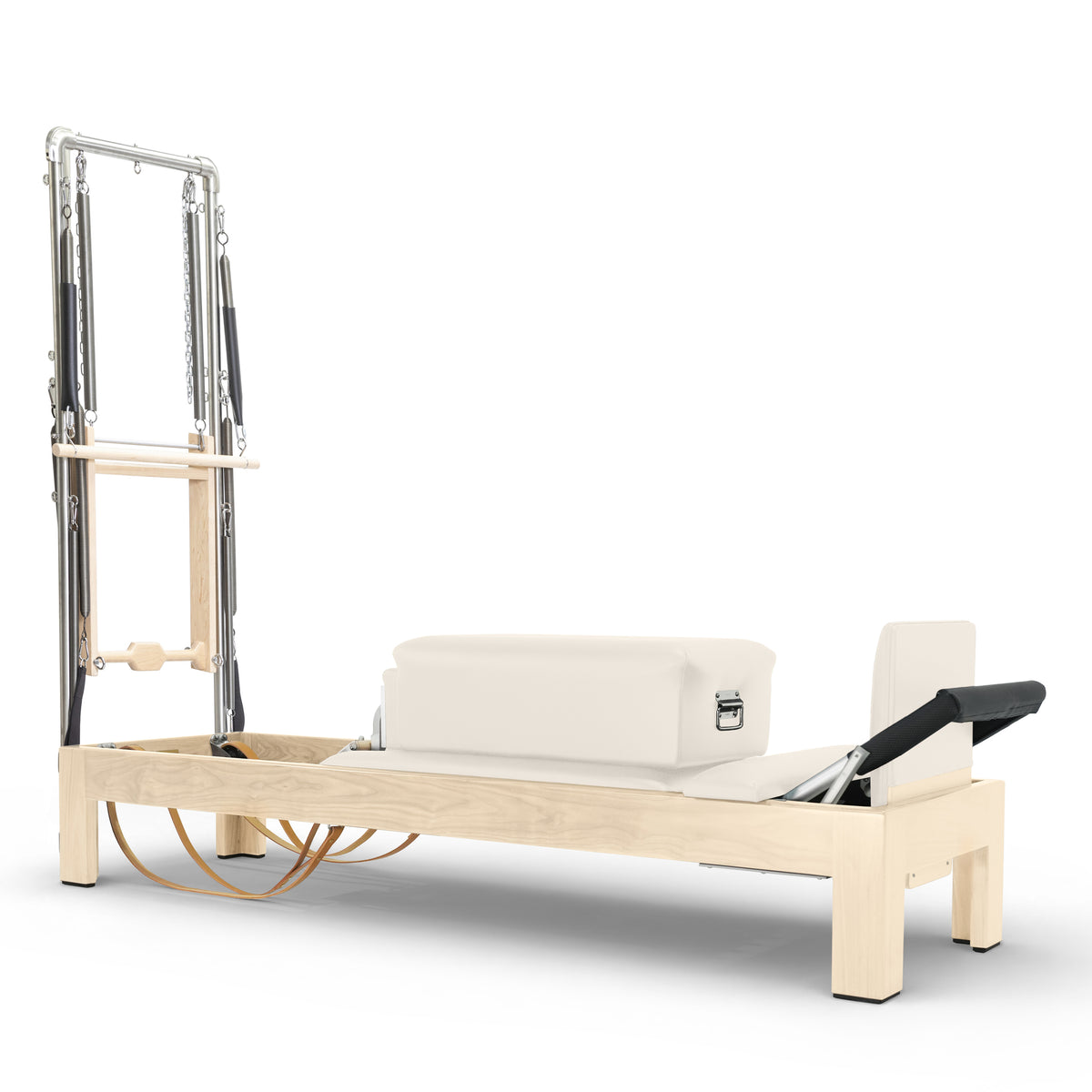 Classic Natural Wood Reformer with Tower in ivory upholstery — made-to-order colourway