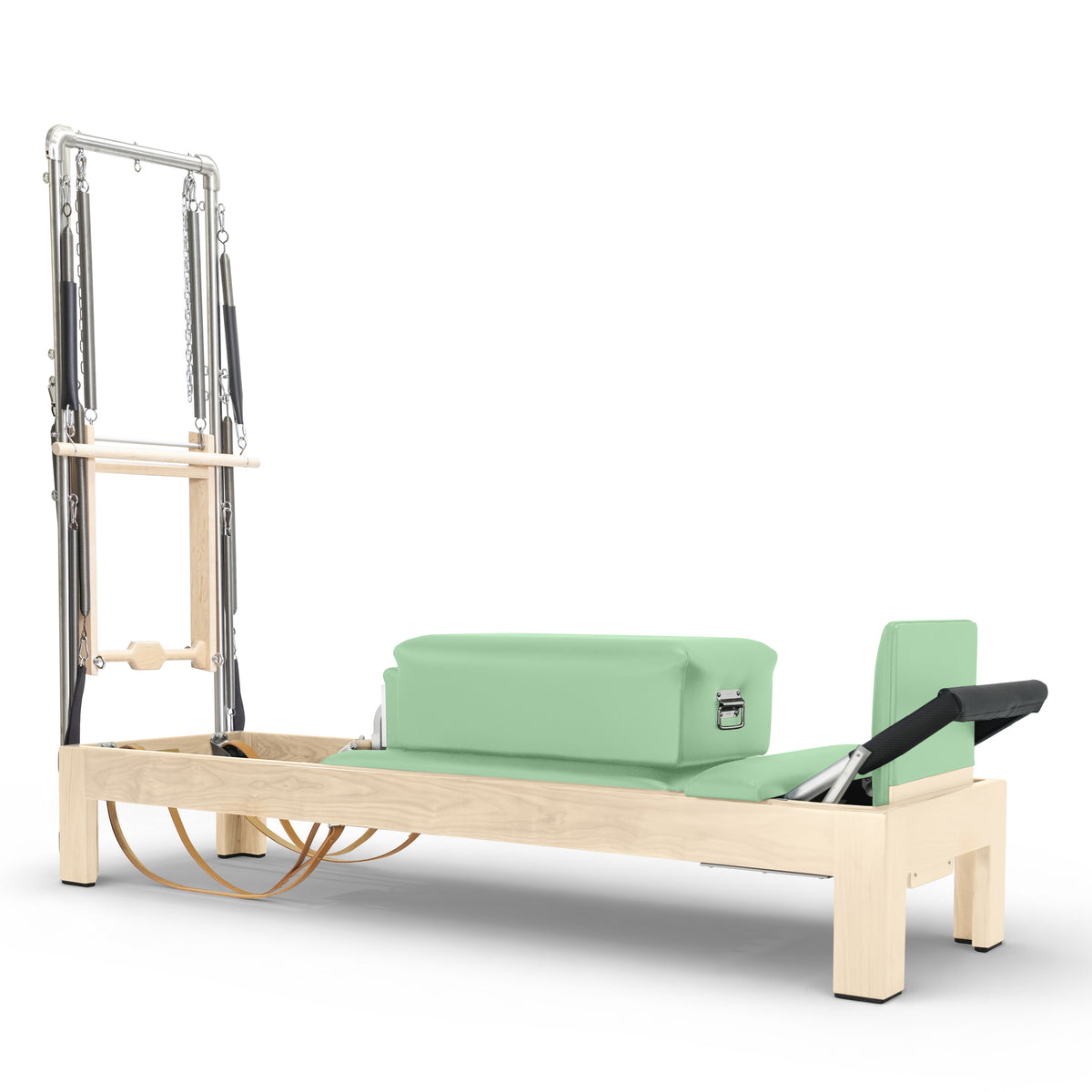 Classic Natural Wood Reformer with Tower in mint green upholstery — made-to-order colourway