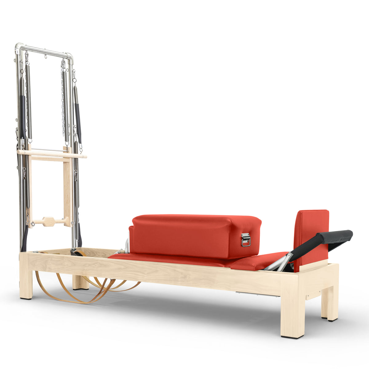 Classic Natural Wood Reformer with Tower in red upholstery — made-to-order colourway