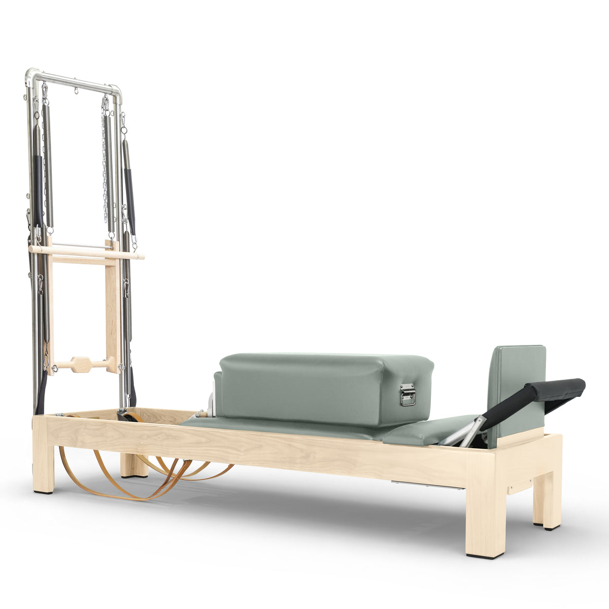 Classic Natural Wood Reformer with Tower in sage upholstery — made-to-order colourway