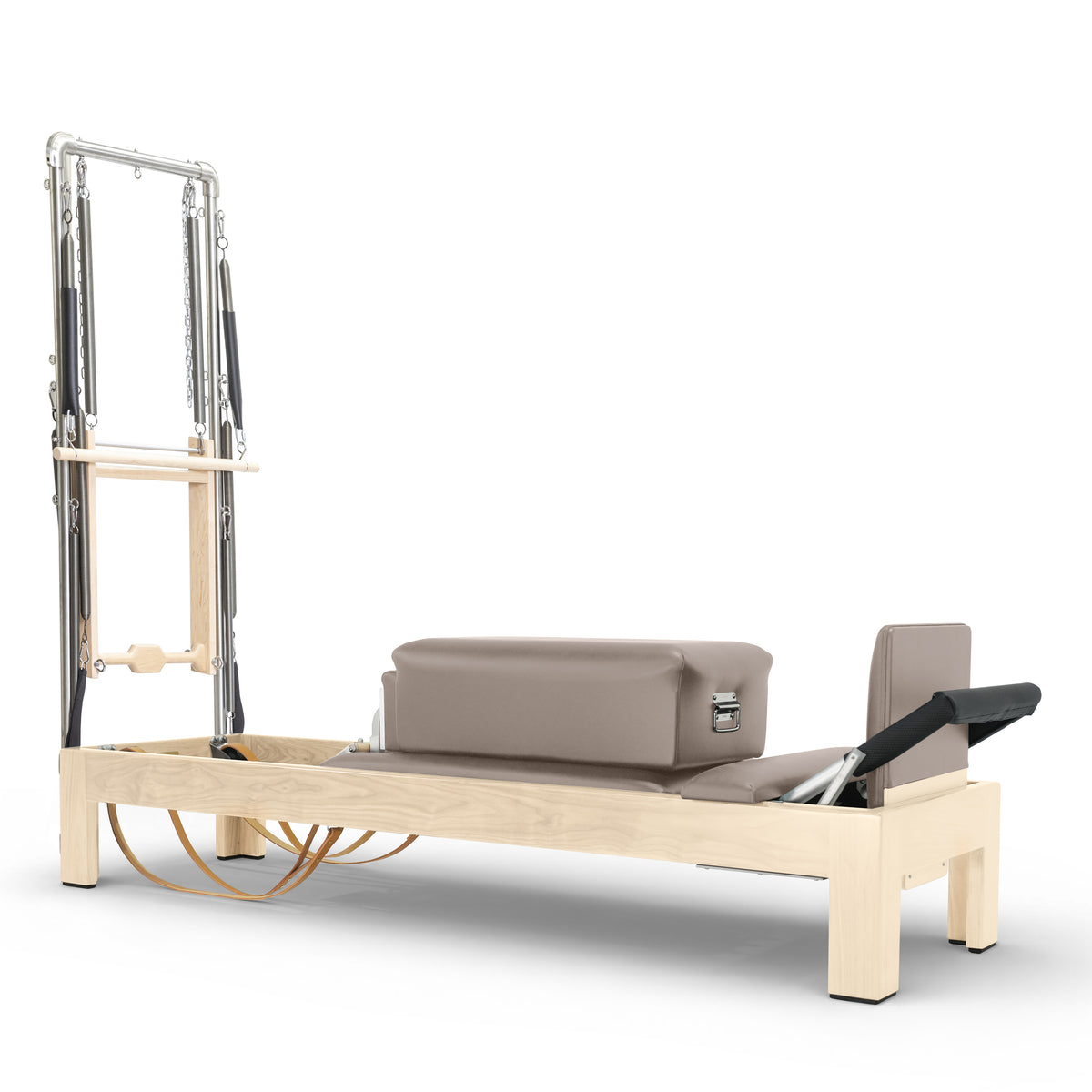 Classic Natural Wood Reformer with Tower in taupe mocha upholstery — made-to-order colourway
