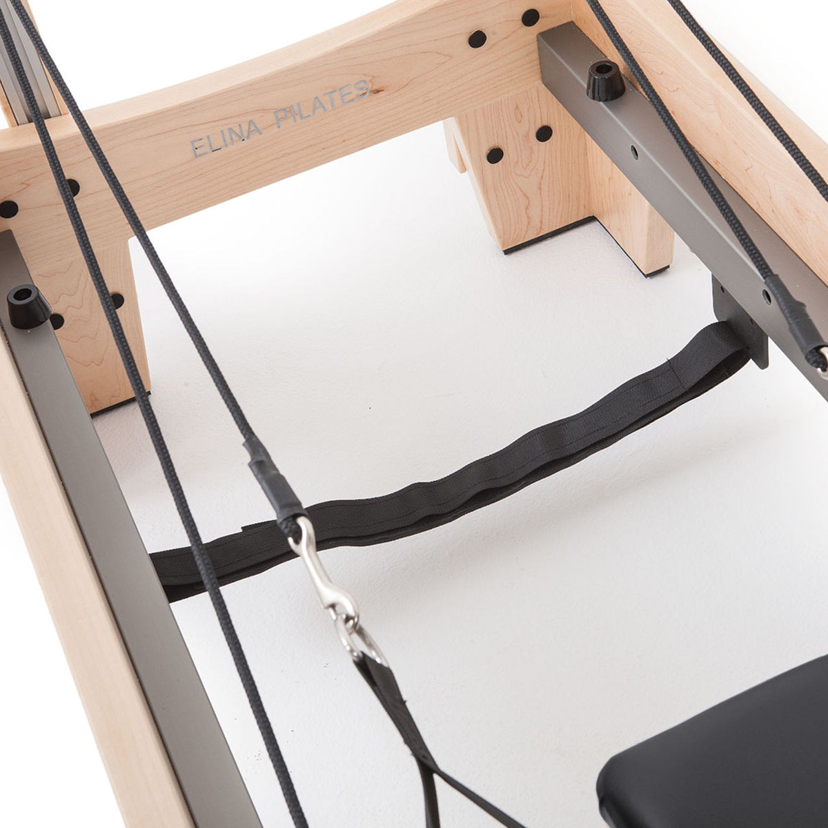 Elite Wood Reformer maple frame with Elina Pilates engraving and strap anchor